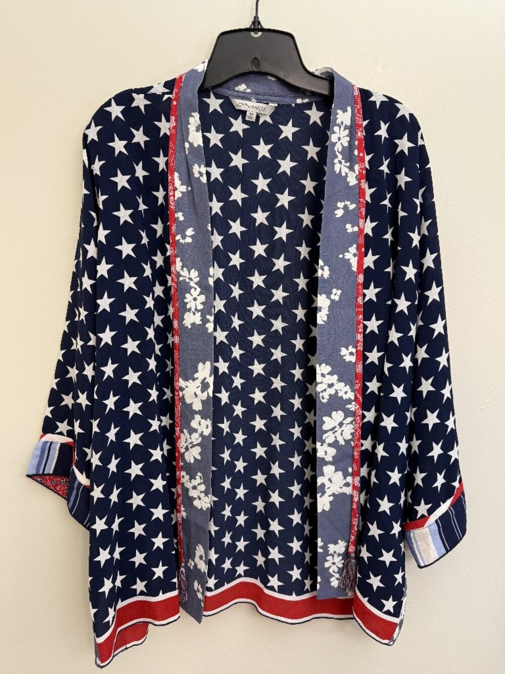 John Mark Womens Kimono Style Open Front Overpiece Medium Stars Flowers